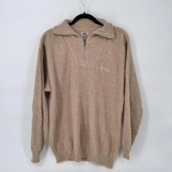 Vintage Levis Sweater Mens Medium Beige Wool Blend Quarter Zip Ribbed 90s